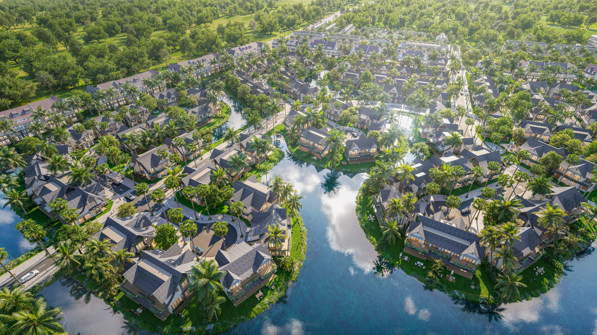 A aerial view of a town surrounded by water

Description automatically generated