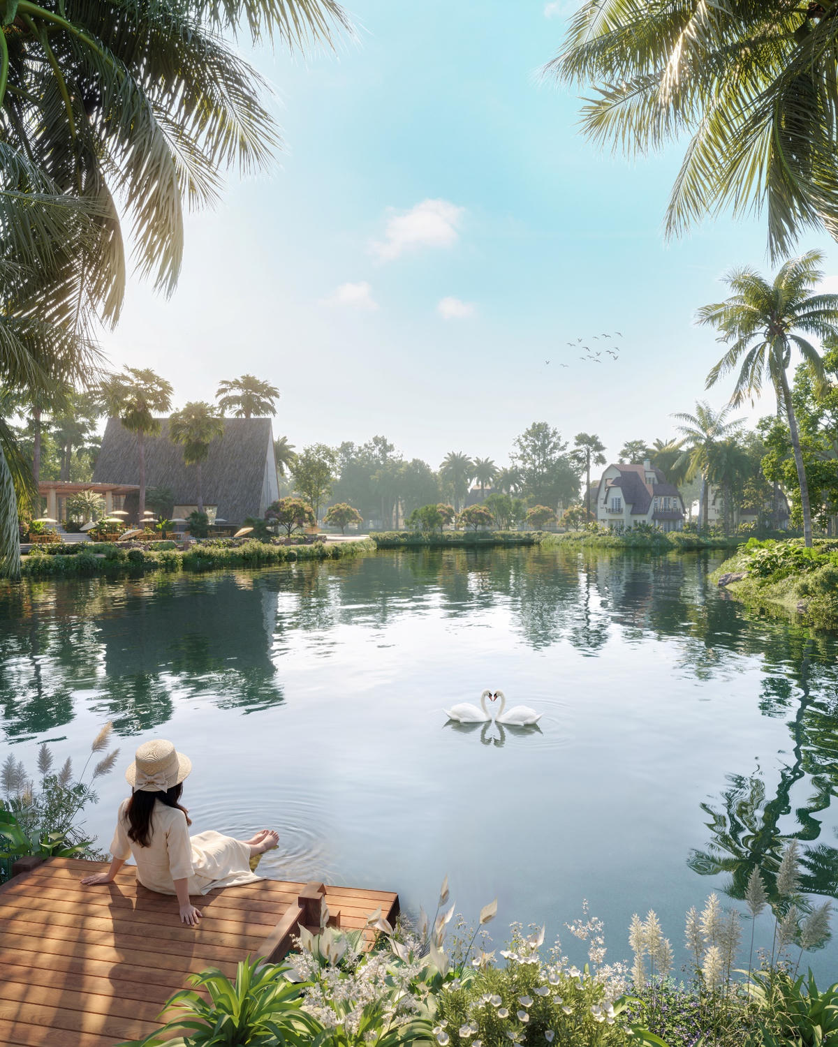 A person sitting on a dock next to a lake

Description automatically generated