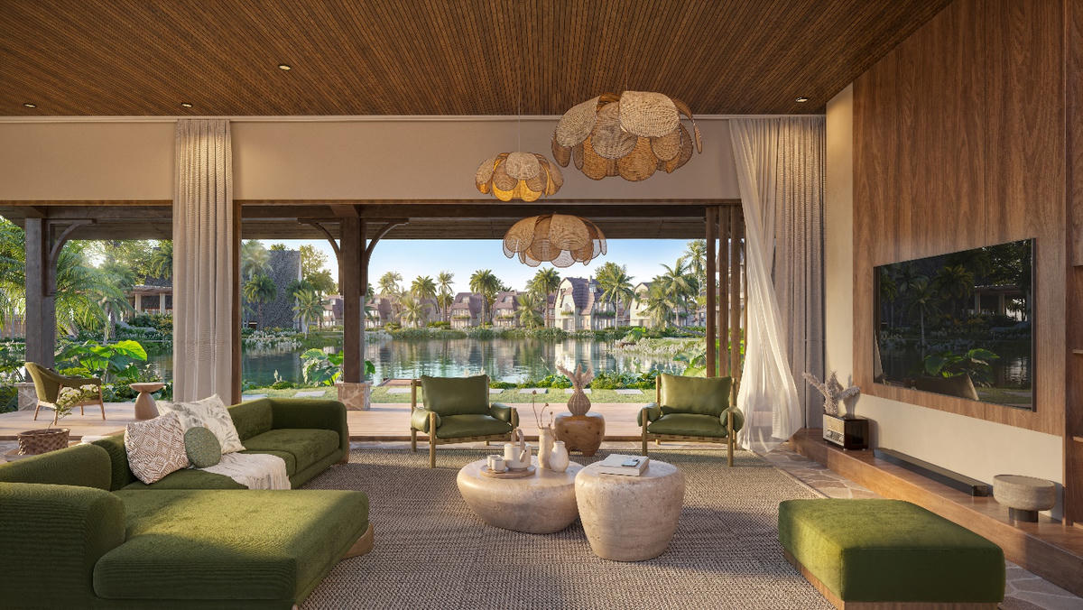 A living room with a large window and a pool

Description automatically generated