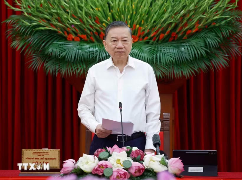 Tổng Bí thư, Chủ tịch nước Tô Lâm, Trưởng Ban Chỉ đạo Trung ương về tổng kết thực tiễn và nghiên cứu sửa đổi, bổ sung Điều lệ Đảng phát biểu chỉ đạo. (Ảnh: Thống Nhất/TTXVN).