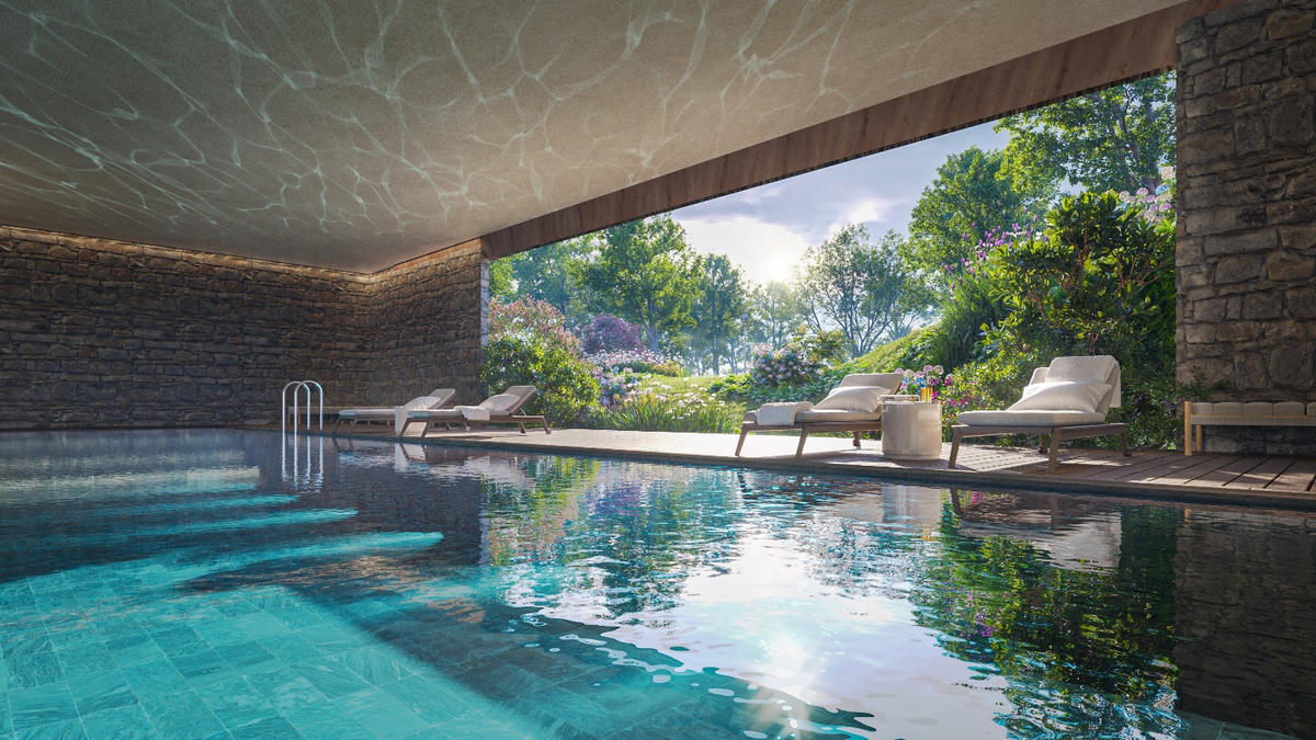 A pool with a large window

Description automatically generated