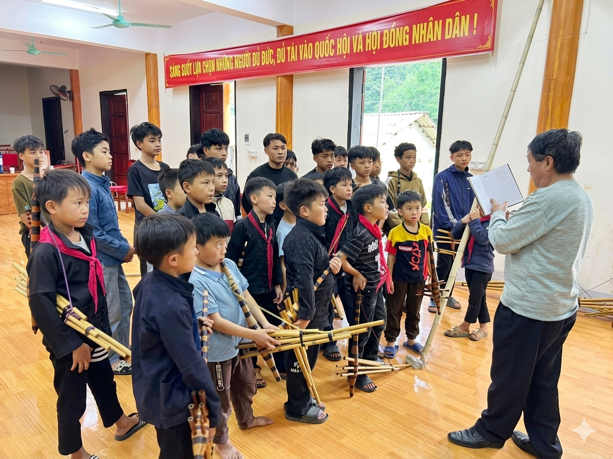 Lớp dạy khèn mông cho học sinh vùng cao Tuyên Quang.