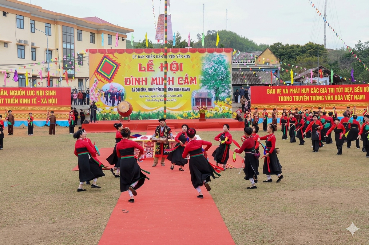Trang phục truyền thống và điệu múa đặc sắc của đồng bào Cao Lan trong lễ hội.