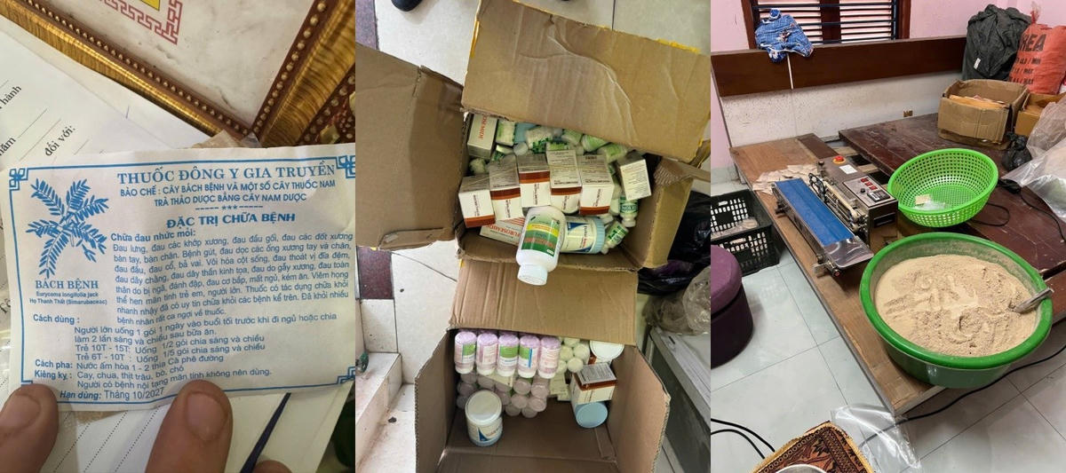Nguyên liệu, bao bì, máy móc và nhiều loại thuốc được sử dụng để pha trộn, đóng gói sản phẩm thuốc Đông y giả.