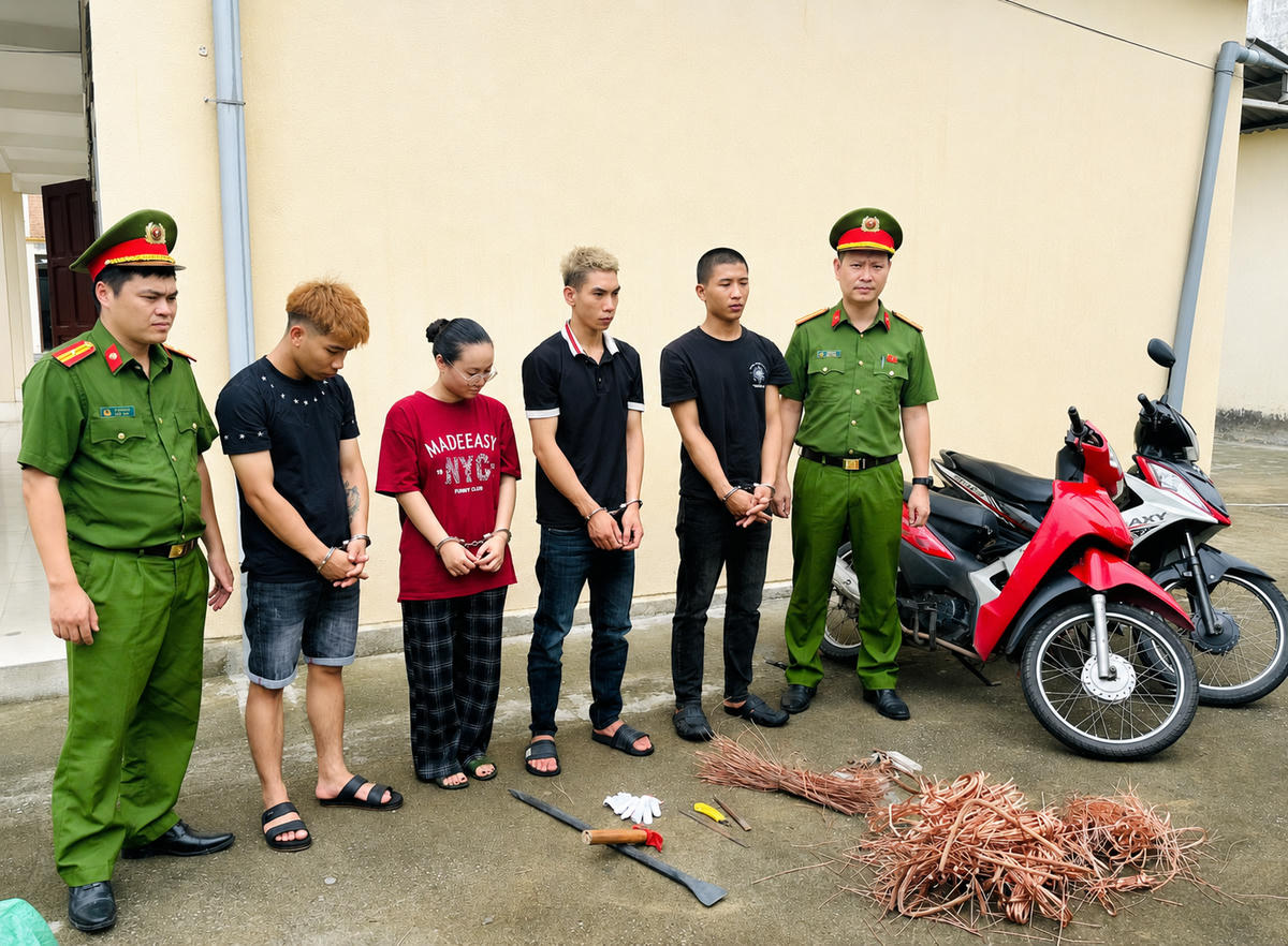 4 người bị khởi tố cùng tang vật vụ án được Công an thu giữ. Ảnh: CATH.