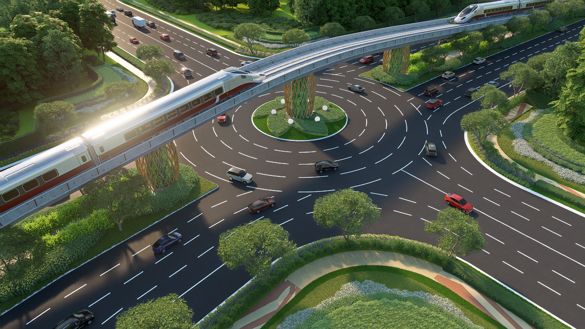 Dự án đường sắt nhẹ (LRT) Phú Quốc giai đoạn 1 có tổng mức đầu tư gần 9.000 tỷ đồng và chiều dài toàn tuyến đạt 17,59 km. Trục đường sắt này kết nối trực tiếp Cảng hàng không quốc tế Phú Quốc với Trung tâm Hội nghị và Triển lãm quốc tế APEC. Khi hoàn thiện sẽ rút ngắn thời gian di chuyển từ Sân bay tới Nam Đảo xuống chỉ còn khoảng 20 phút. Ảnh phối cảnh dự án.