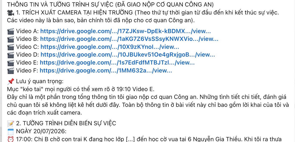Lớp học cờ vua Tư Duy đăng tải các đoạn clip liên quan vụ việc trên Facebook của lớp học (Ảnh chụp màn hình).