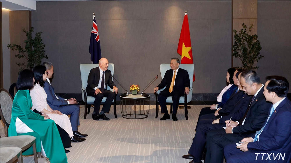 Tổng Bí thư, Chủ tịch nước Tô Lâm tiếp ông Steven Joyce, Quyền Chủ tịch Hội Hữu nghị New Zealand-Việt Nam và một số thành viên tiêu biểu của Hội. (Ảnh: Thống Nhất/TTXVN)
