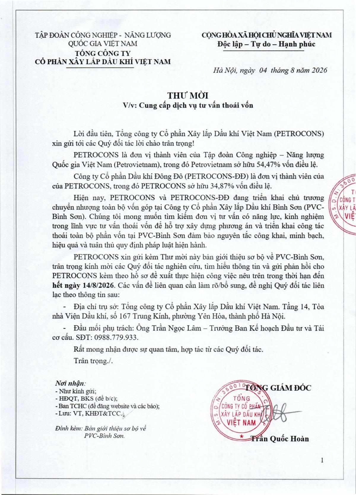 PETROCONS tìm đối tác cung cấp dịch vụ tư vấn thoái vốn