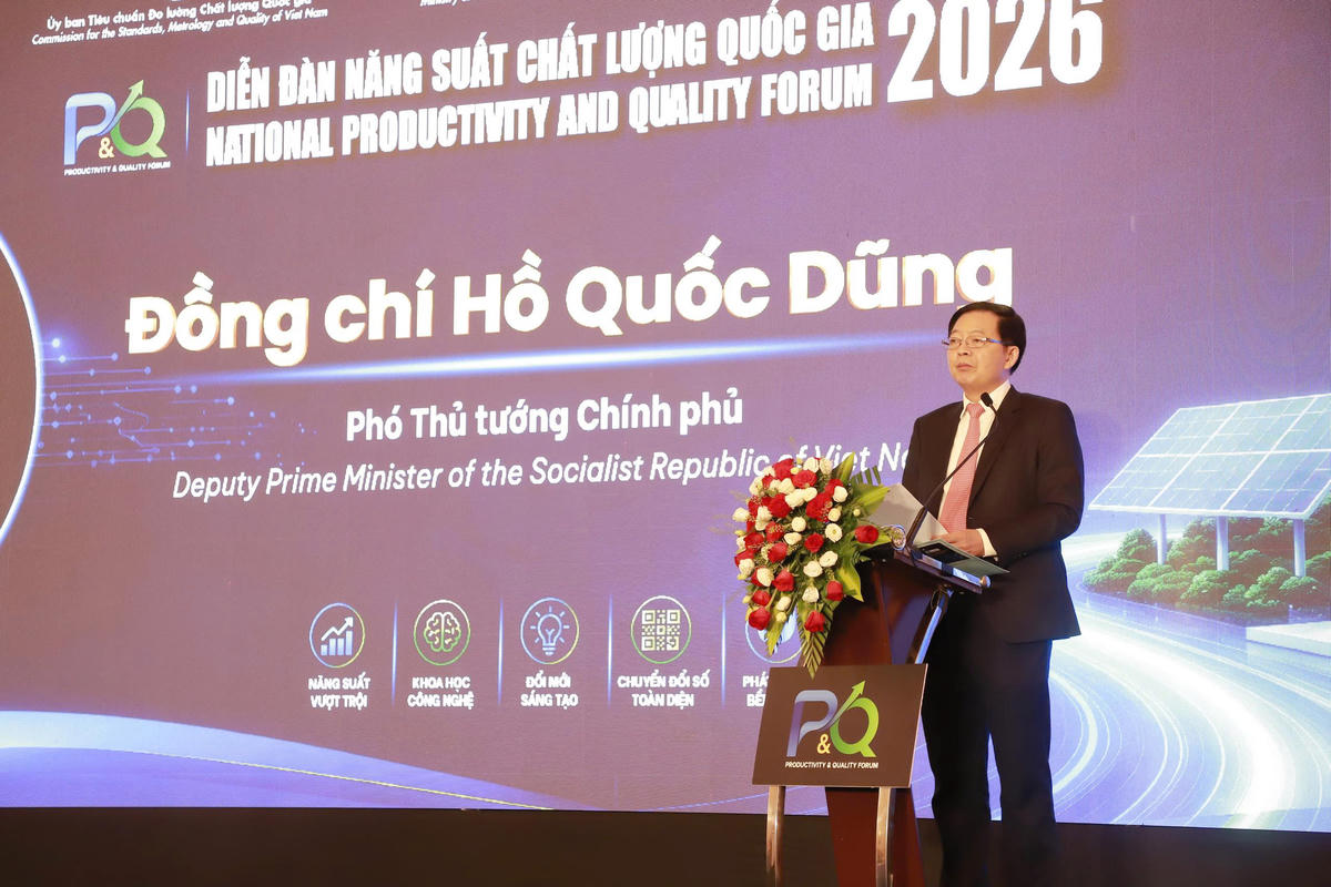 Phó Thủ tướng Chính phủ Hồ Quốc Dũng phát biểu tại Diễn đàn Năng suất Chất lượng Quốc gia năm 2026.