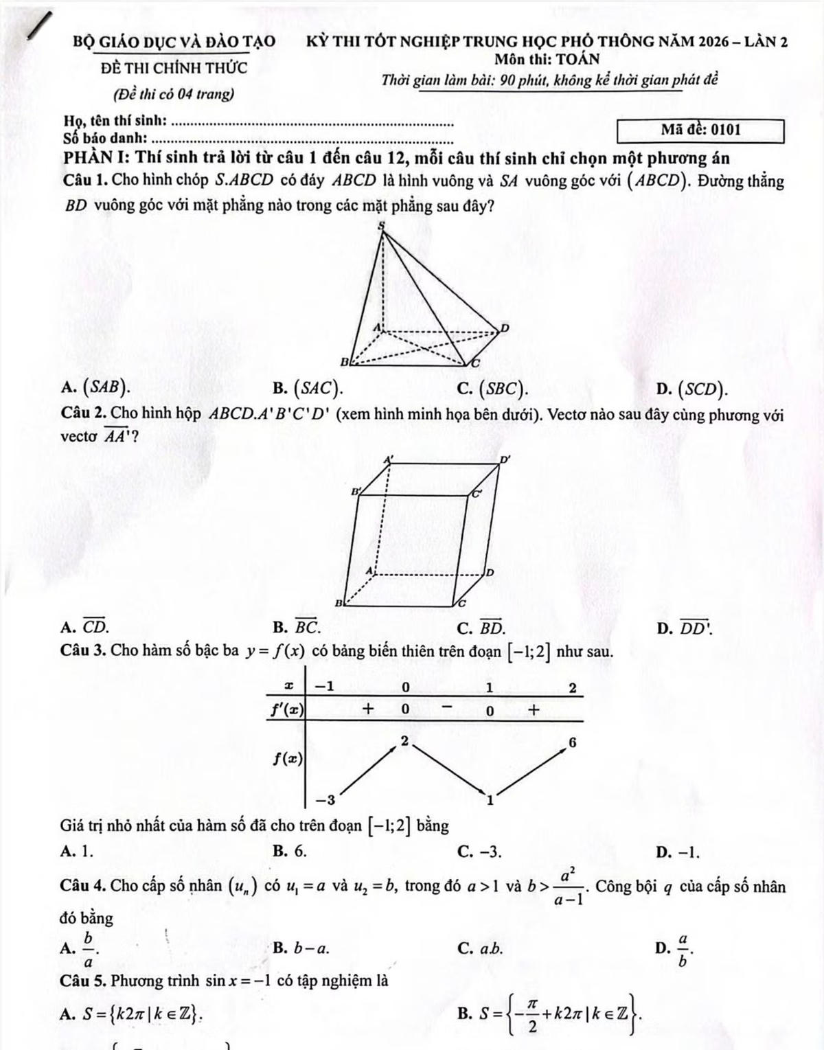 Một mã đề thi môn Toán kỳ thi lại tốt nghiệp THPT tại Tuyên Quang chiều 14/8.