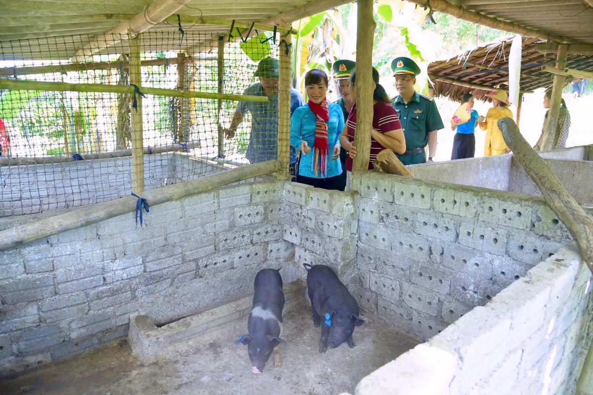 Thăm mô hình chăn nuôi của hộ dân được hỗ trợ phương tiện sinh kế. Ảnh: Quang Tiến.