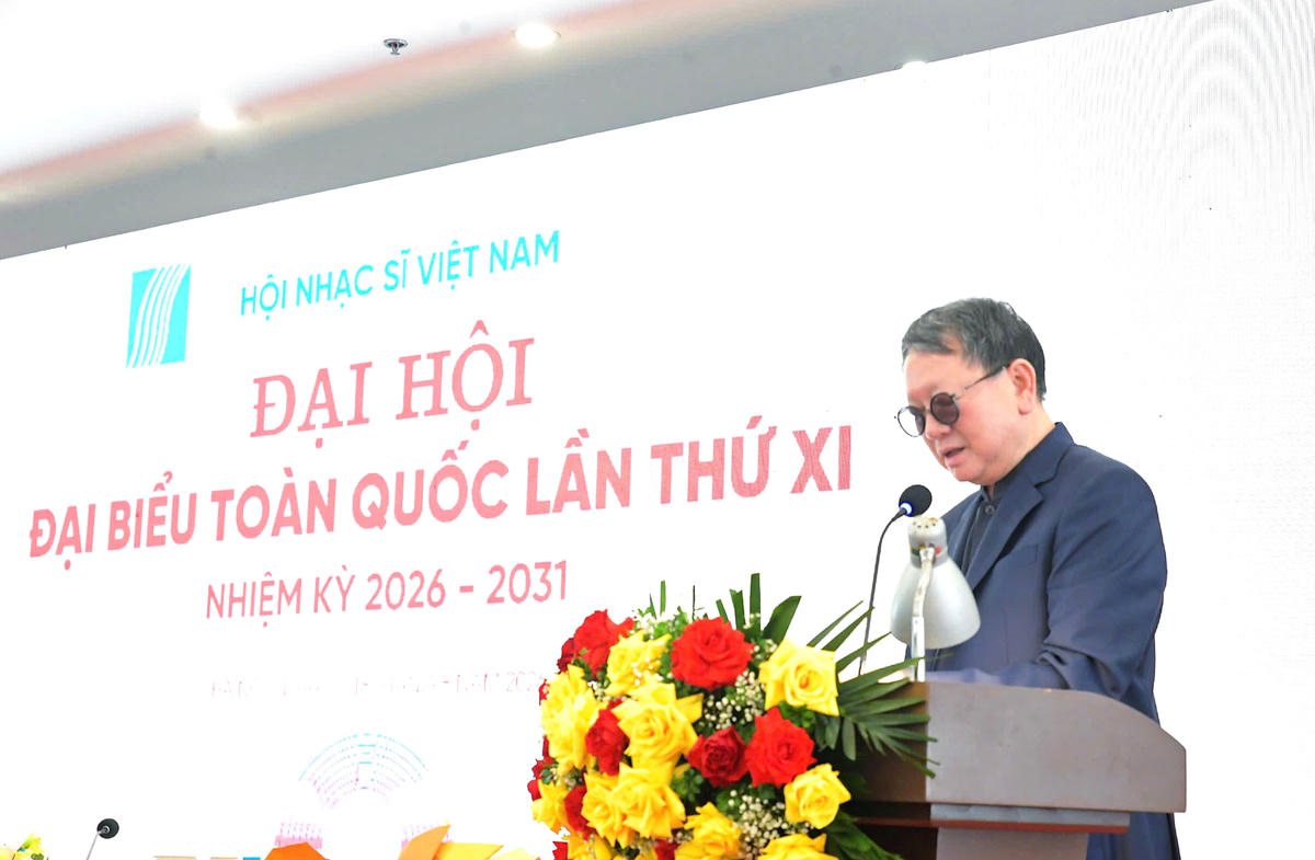 Thiếu tướng, nhạc sĩ Nguyễn Đức Trịnh làm Chủ tịch Hội Nhạc sĩ Việt Nam khóa XI phát biểu nhận nhiệm vụ.