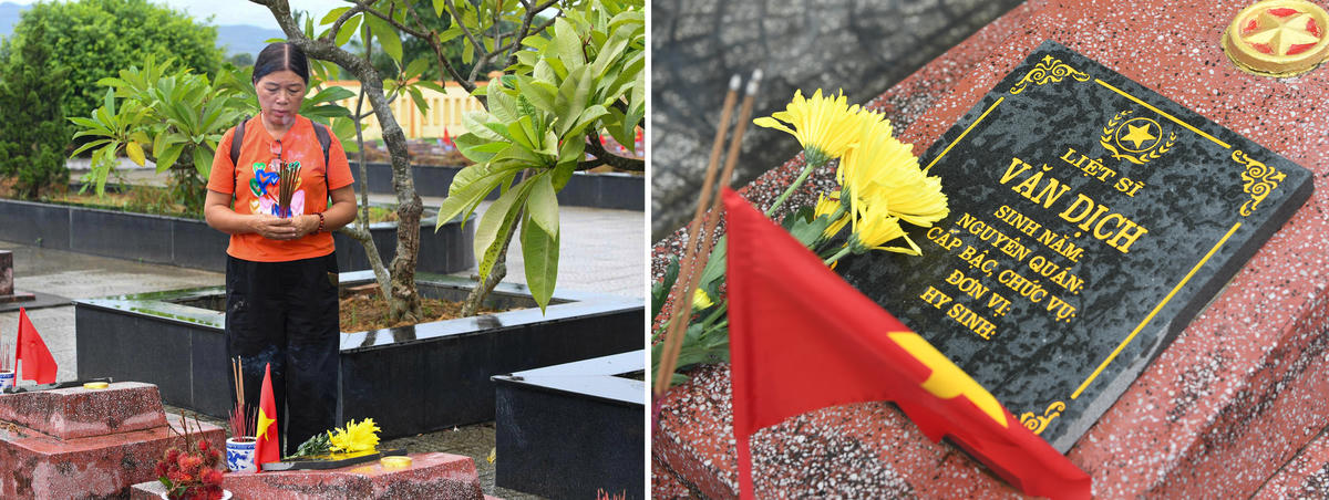 Bà Nhớ vẫn dừng lại, dâng hương trước phần mộ dù chưa thể xác định đó có phải nơi cha mình đang nằm lại hay không. Ảnh: CK