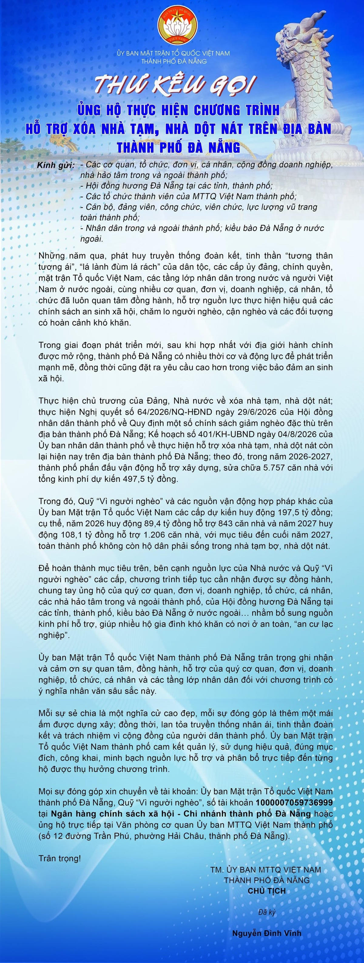 Ủy ban MTTQ Việt Nam TP Đà Nẵng thư kêu gọi hỗ trợ chương trình xóa nhà tạm, nhà dột nát trên địa bàn. Ảnh: Mặt trận TP Đà Nẵng.