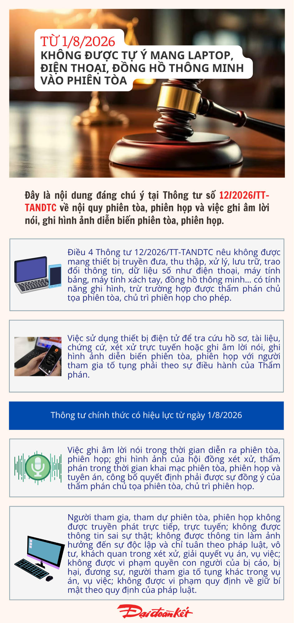 [Infographic] Từ 1/8, không được tự ý mang laptop, điện thoại, đồng hồ thông minh vào phiên tòa