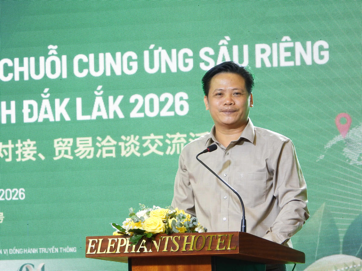 Ông Lê Anh Trung, Chủ tịch Hiệp hội Sầu riêng Đắk Lắk phát biểu tại chương trình. Ảnh: Thanh Nga.