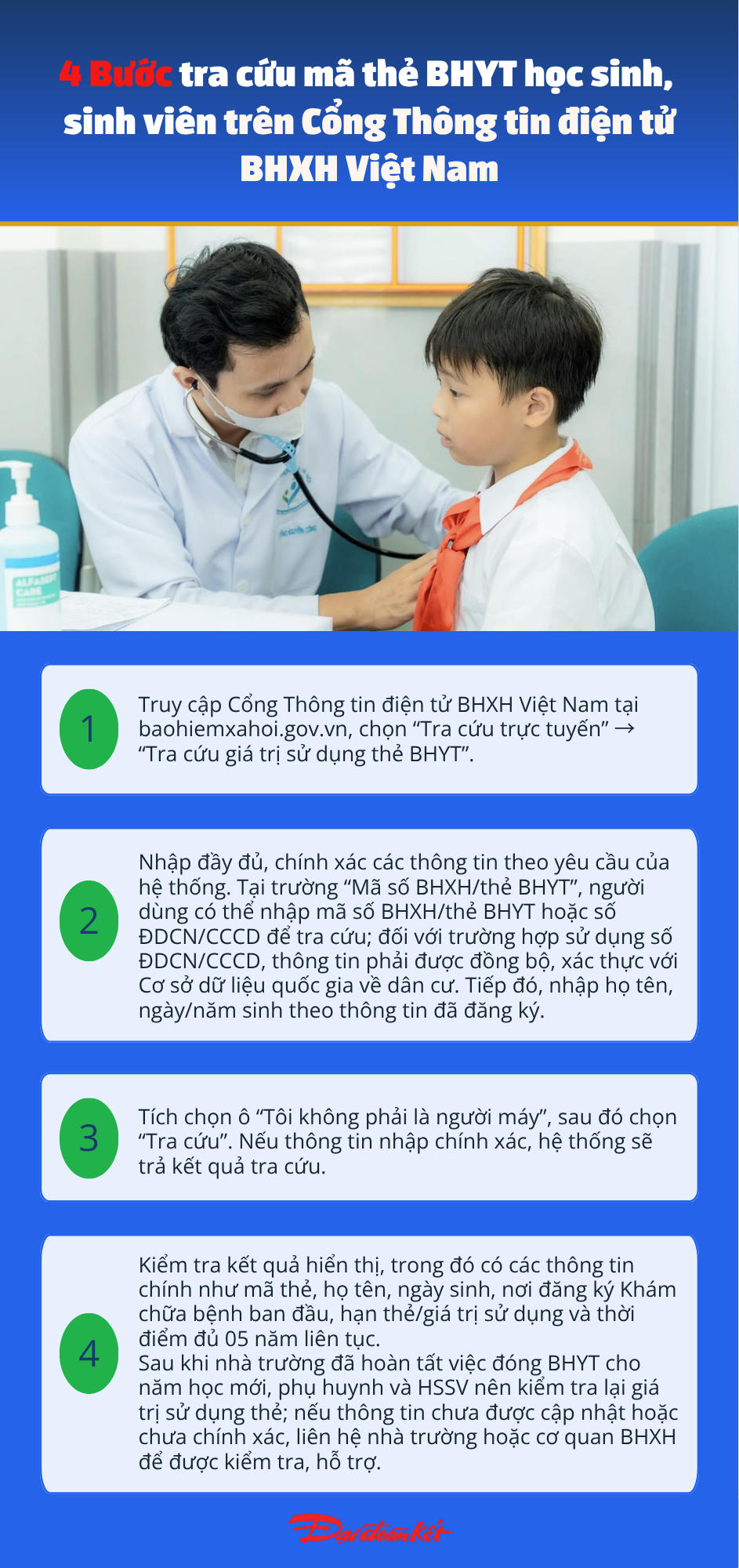 [Infographic] 4 bước tra cứu mã thẻ BHYT học sinh, sinh viên
