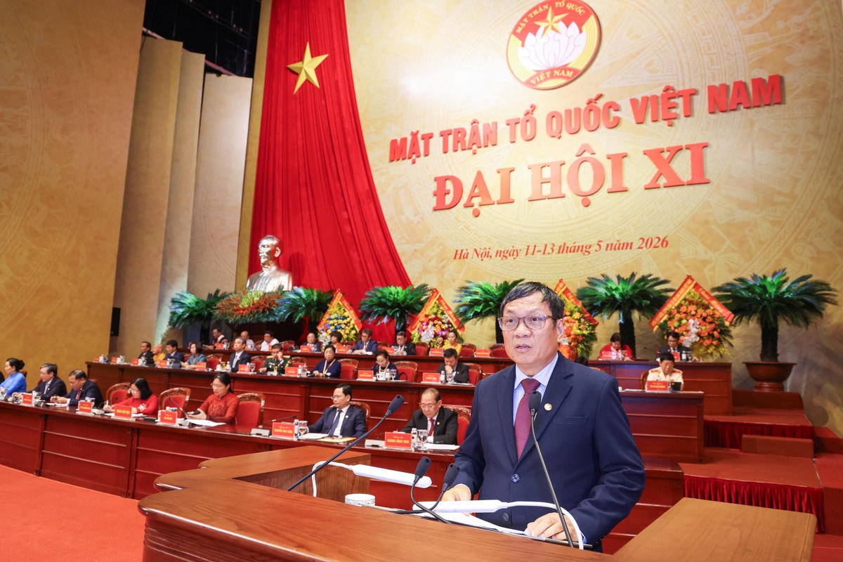 Ông Hoàng Đình Thắng - Ủy viên Ủy ban Trung ương MTTQ Việt Nam, Chủ tịch Liên hiệp Hội người Việt Nam tại châu Âu phát biểu tham luận tại Đại hội đại biểu toàn quốc MTTQ Việt Nam lần thứ XI, trong đó, đề xuất nhiều giải pháp đổi mới công tác kiều bào trong bối cảnh chuyển đổi số và hội nhập quốc tế sâu rộng. Ảnh: Quang Vinh