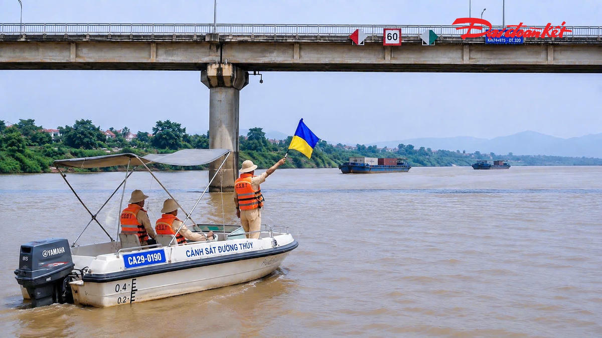 Cảnh sát đường thủy Hà Nội tăng cường tuần tra trên sông Hồng khi nước dâng cao, dòng chảy mạnh.