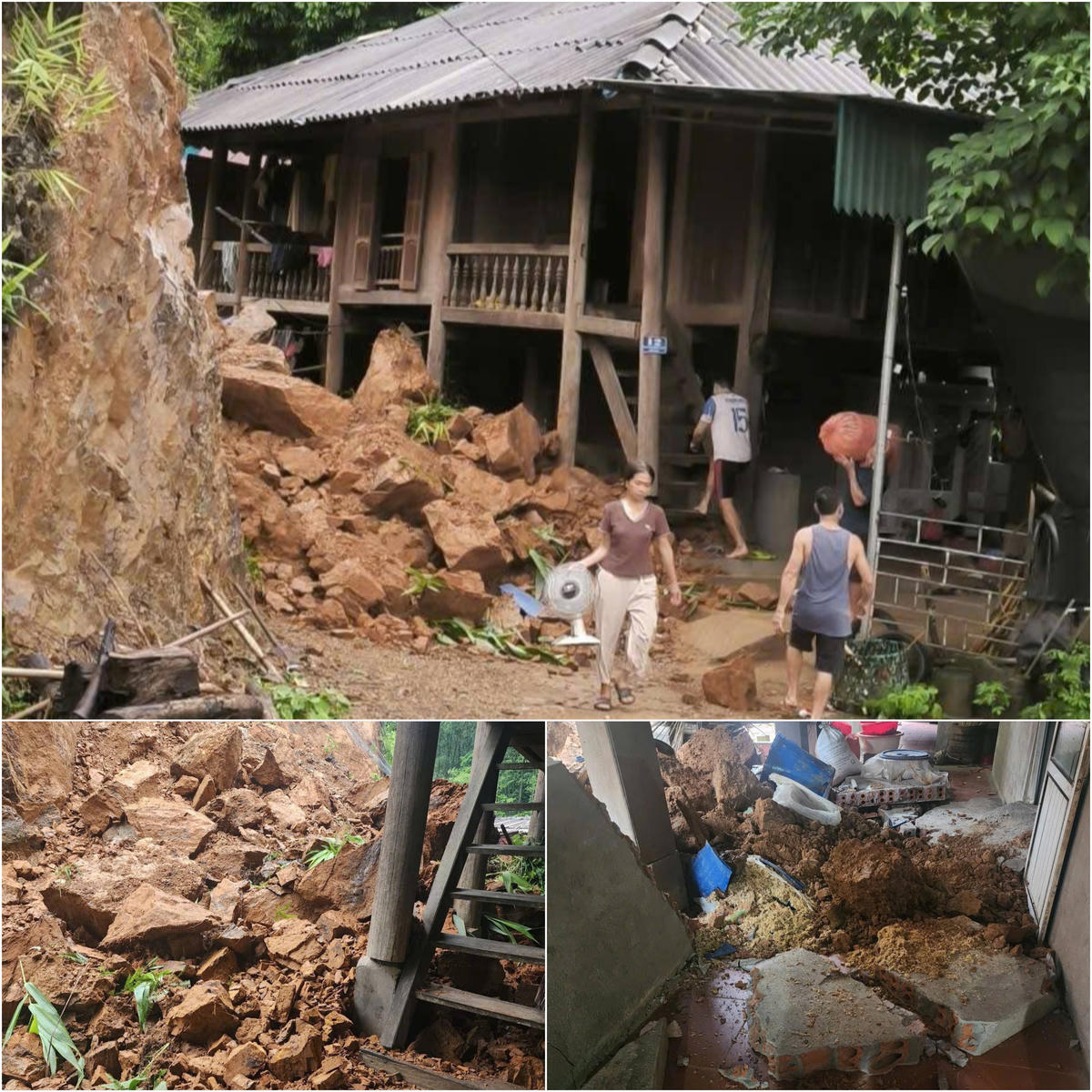 Sạt lở đất tại bản Bơn, xã Mường Mìn khiến đất đá tràn vào nhà dân. Ảnh: DVC Mường Mìn