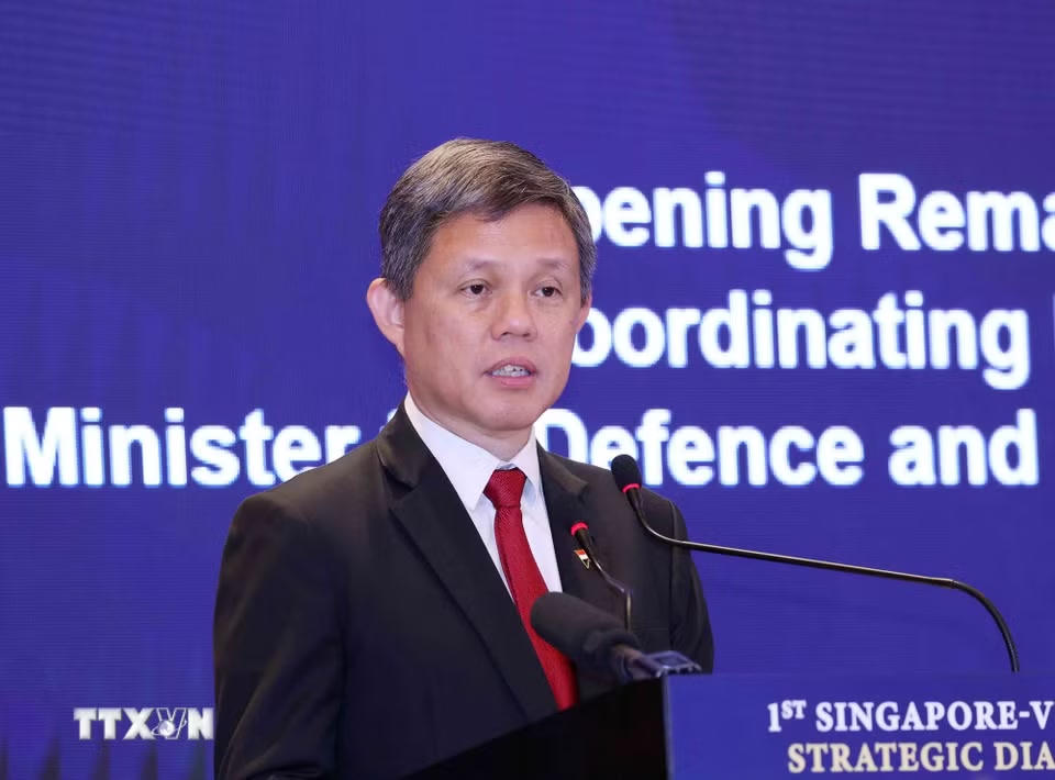 Phó Tổng Thư ký Đảng Hành động Nhân dân Singapore, Bộ trưởng Bộ Quốc phòng kiêm Bộ trưởng Điều phối dịch vụ công Chan Chun Sing phát biểu khai mạc. (Ảnh: Phương Hoa/TTXVN)