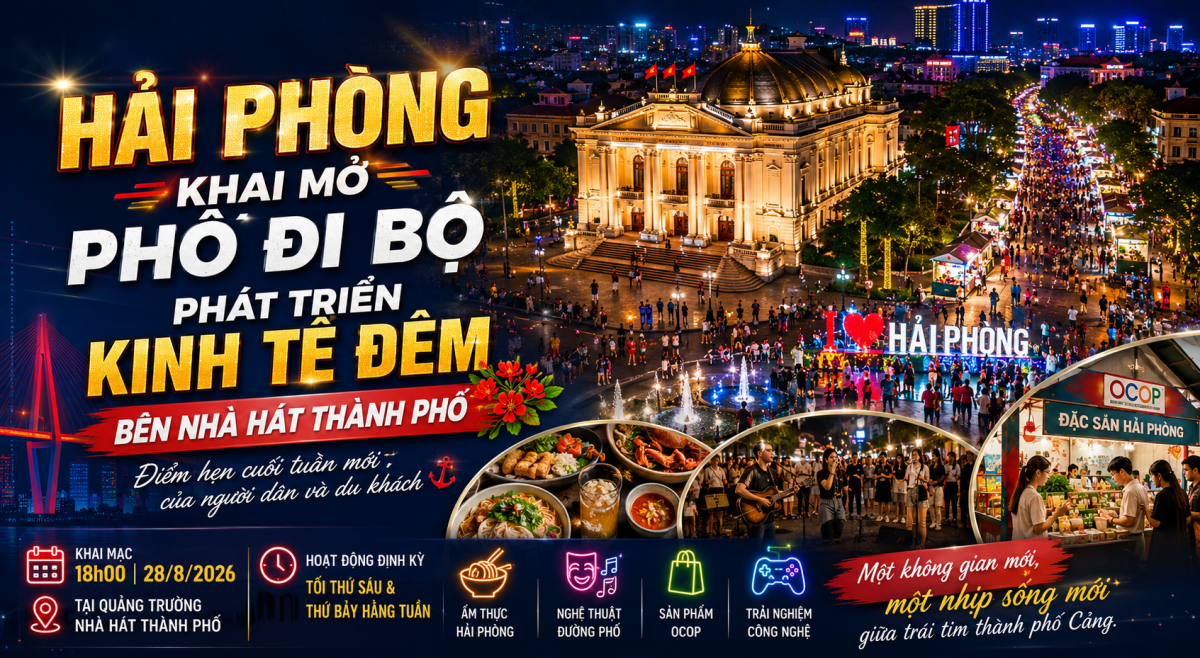 Hải Phòng tổ chức thí điểm Phố đi bộ ẩm thực đêm tại dải vườn hoa trung tâm và Nhà hát thành phố. Ảnh minh hoạ.
