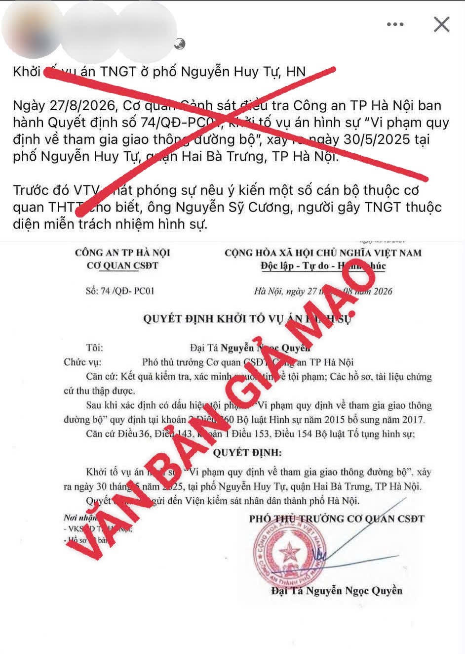 Văn bản giả mạo Cơ quan Cảnh sát điều tra mà ông M.P.L. đăng tải lên trang Facebook. 