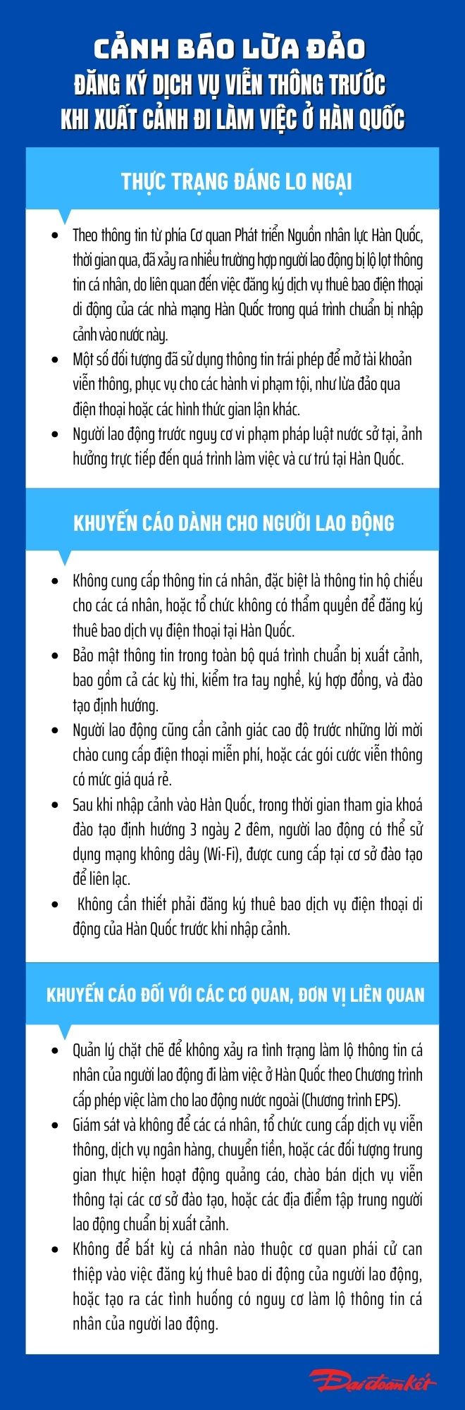 [Infographic] Cảnh báo lừa đảo đăng ký dịch vụ viễn thông trước khi xuất cảnh đi làm việc ở Hàn Quốc