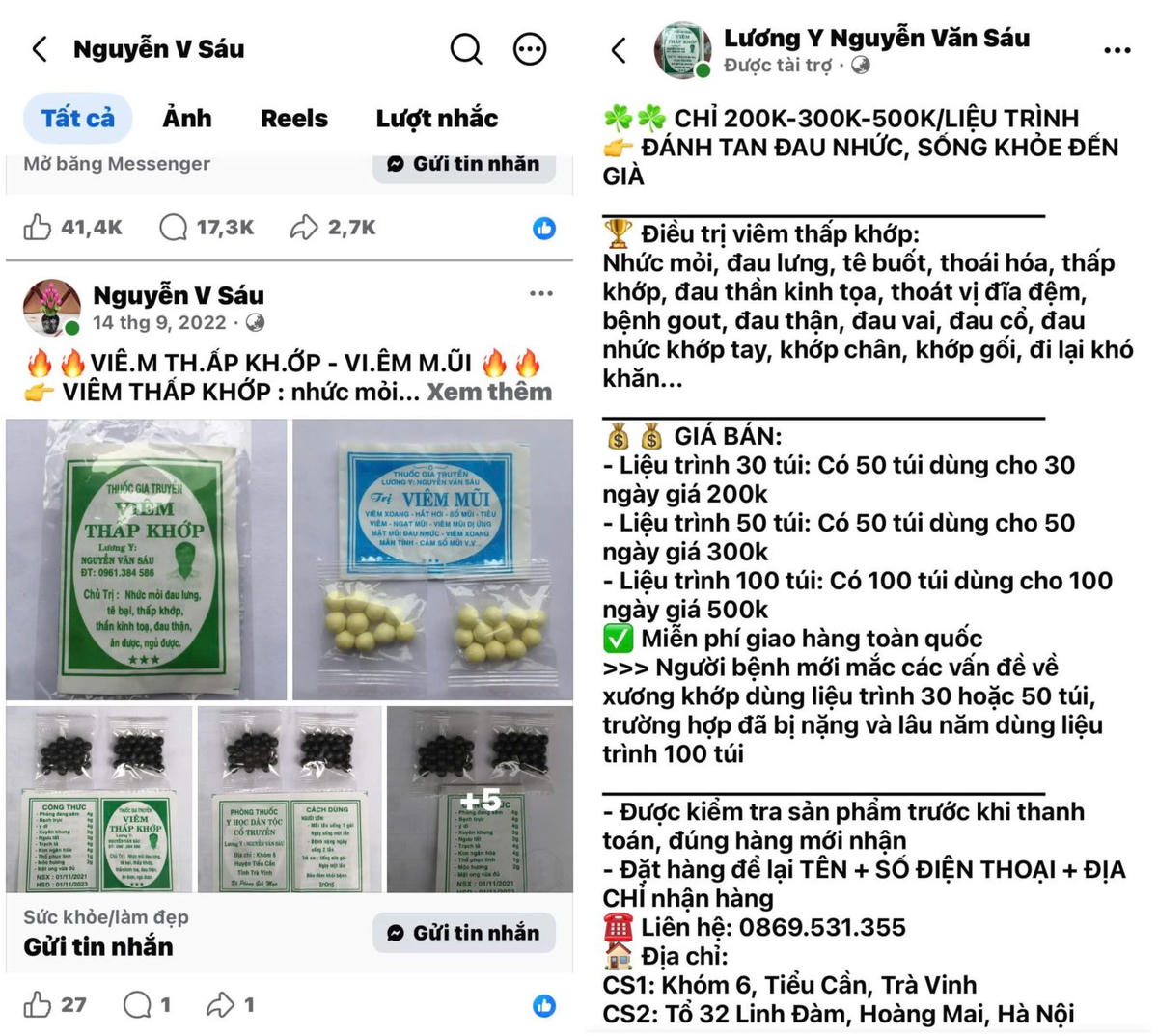 Các trang fanpage Facebook các đối tượng lập để quảng cáo, bán thuốc. Ảnh: CATH