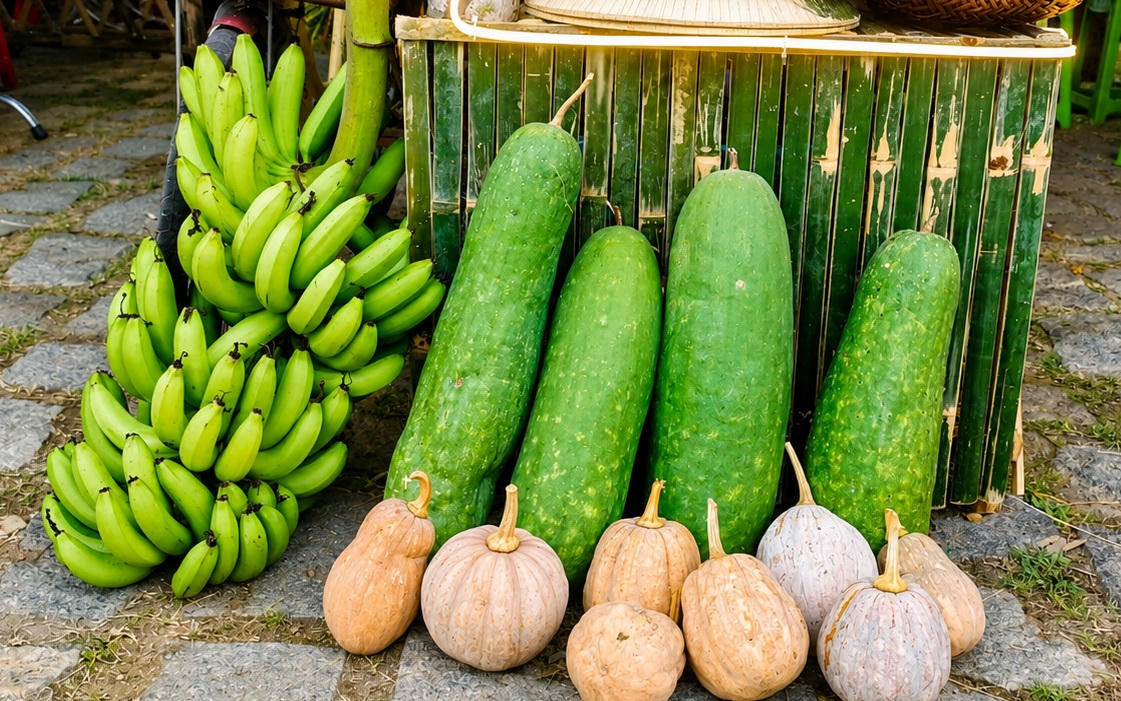 Những nông sản của người dân xã Thạnh Bình được trưng bày tại gian hàng chợ quê Lộc Yên. Ảnh: Chí Đại.