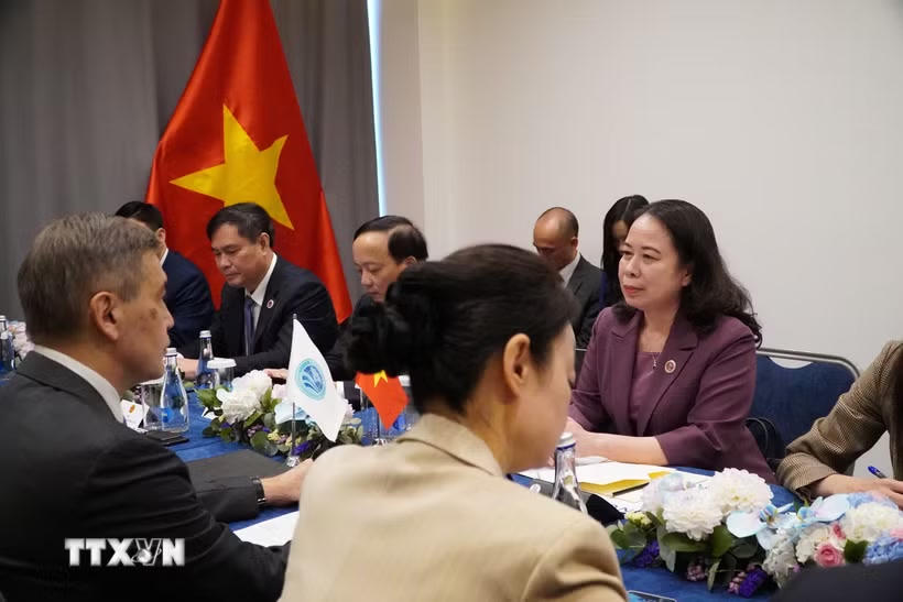 Phó Chủ tịch nước Võ Thị Ánh Xuân gặp Tổng thư ký SCO Nurlan Yemekbayev. (Ảnh: Tâm Hằng/TTXVN).