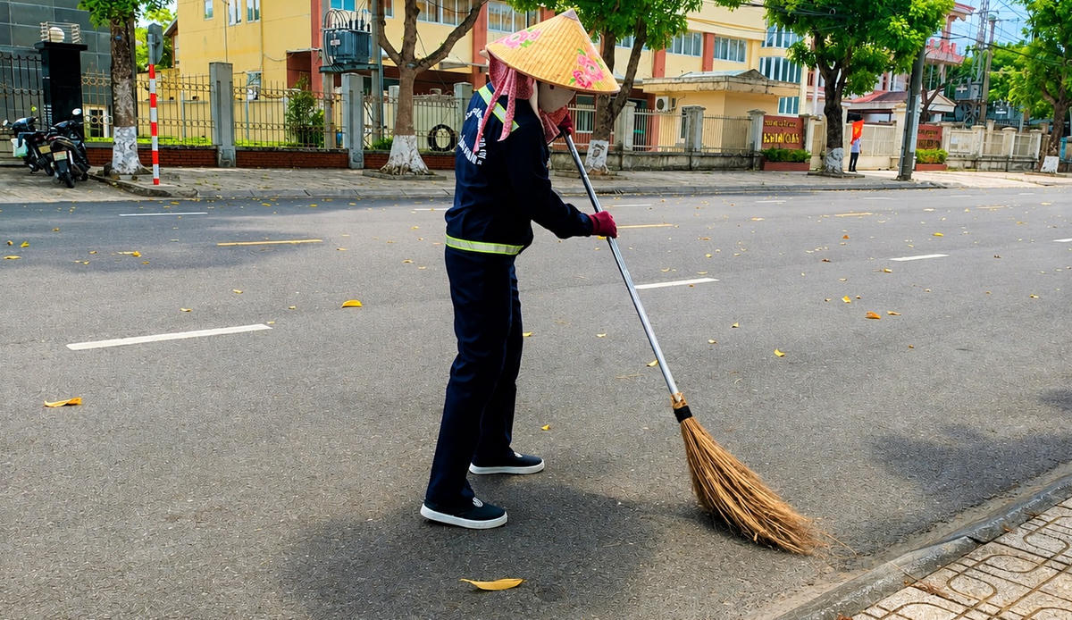 Công nhân quét dọn rác trên đường Trần Hưng Đạo, phường Bàn Thạch. Ảnh: Nguyễn Tín.
