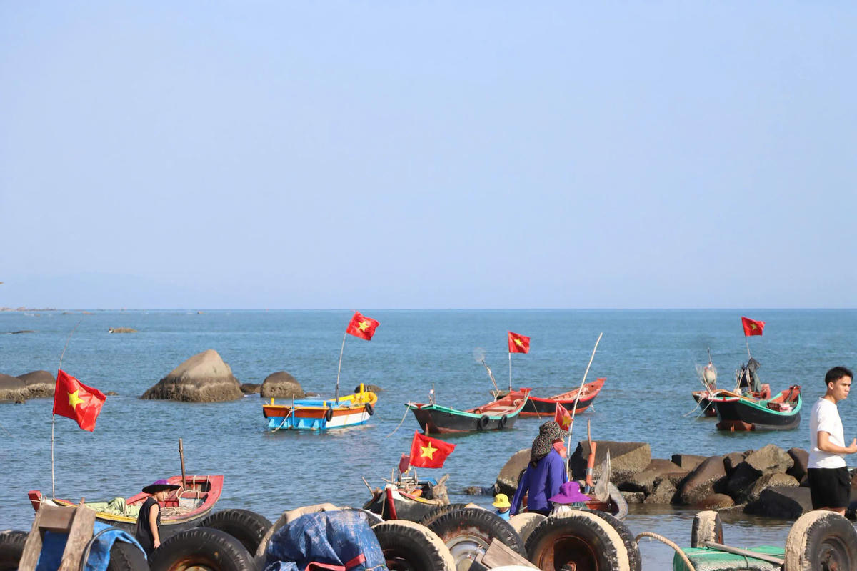 Tại cảng cá, từ xa đã có thể nhìn thấy những lá cờ đỏ sao vàng tung bay trên hàng trăm con tàu. Mỗi phương tiện được trang trí theo cách riêng: có tàu cắm cờ ở mũi, có tàu treo trên cột cao, có tàu đặt cờ tại nóc buồng lái - những vị trí trang trọng, dễ quan sát.