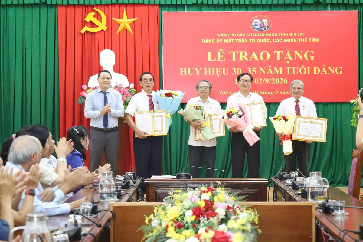 Lãnh đạo tỉnh Gia Lai trao Huy hiệu Đảng cho các bộ lão thành trên địa bàn tỉnh. Ảnh: ĐS.