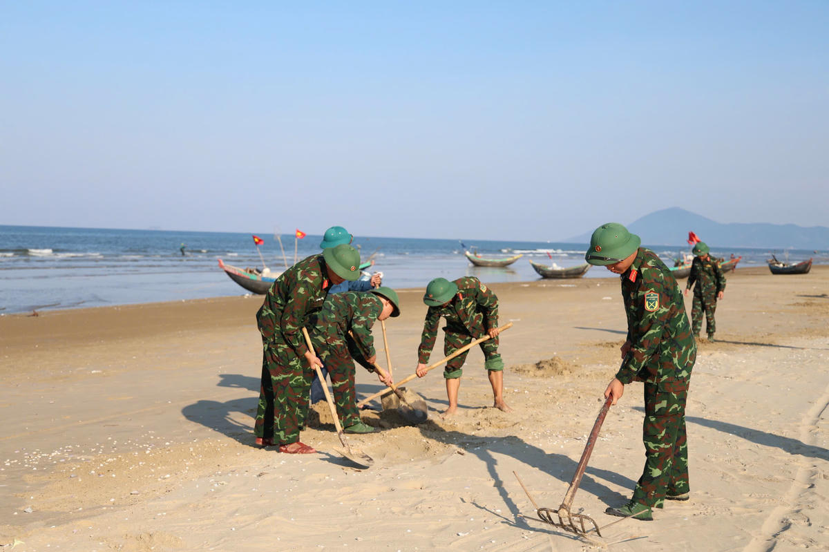 Hà Tĩnh huy động lực lượng thu gom vỏ ngao tím dạt vào bờ