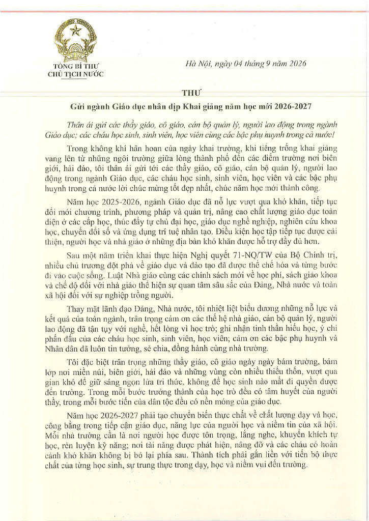Thư của Tổng Bí thư, Chủ tịch nước Tô Lâm gửi ngành giáo dục nhân dịp Khai giảng năm học mới 2026-2027