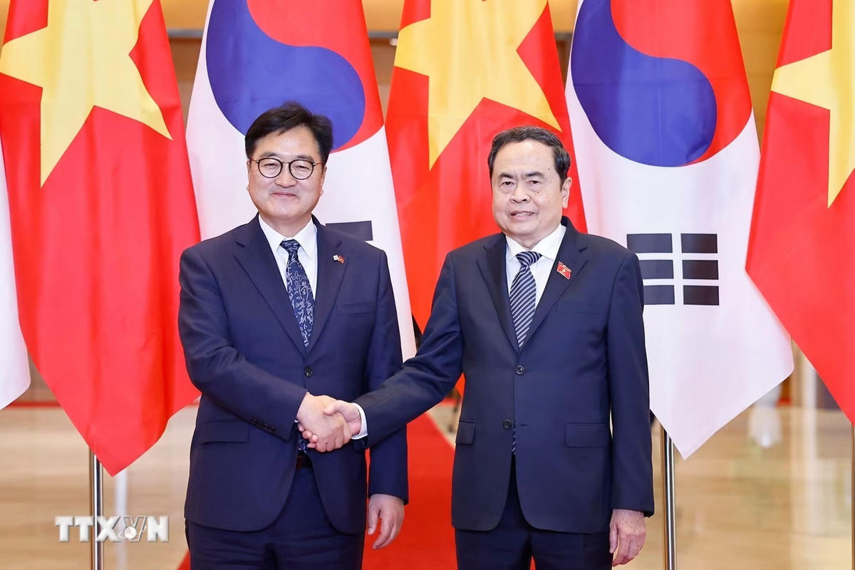 Chủ tịch Quốc hội Trần Thanh Mẫn chủ trì lễ đón Chủ tịch Quốc hội Hàn Quốc Woo Won Shik thăm chính thức Việt Nam tháng 11/2025. (Ảnh: Doãn Tấn/TTXVN).