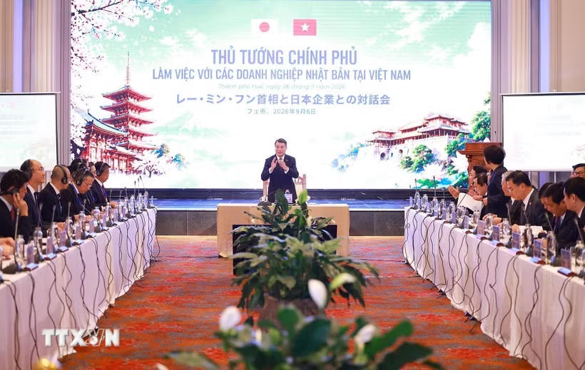Thủ tướng Lê Minh Hưng làm việc với các doanh nghiệp Nhật Bản tại Việt Nam. (Ảnh: Dương Giang/TTXVN).