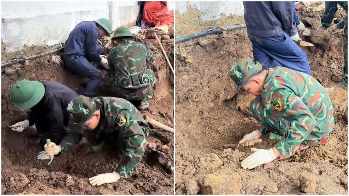 Đội tìm kiếm, quy tập hài cốt liệt sĩ số 2 quy tập được 2 hài cốt liệt sĩ ở mộ tập thể, bị bom đánh sập hầm. Ảnh: QSQT.