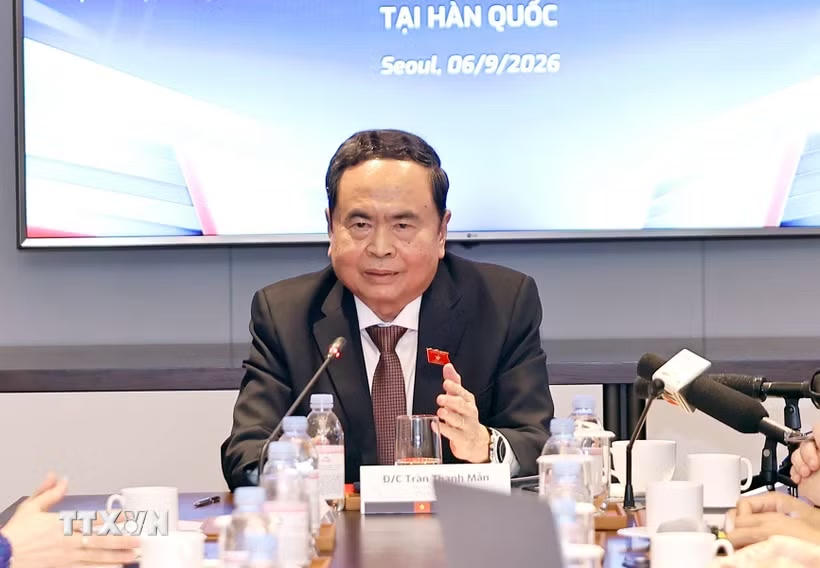 Chủ tịch Quốc hội Trần Thanh Mẫn phát biểu tại cuộc gặp mặt các thành viên Mạng lưới Đổi mới sáng tạo và chuyên gia Việt Nam tại Hàn Quốc. (Ảnh: Doãn Tấn/TTXVN)