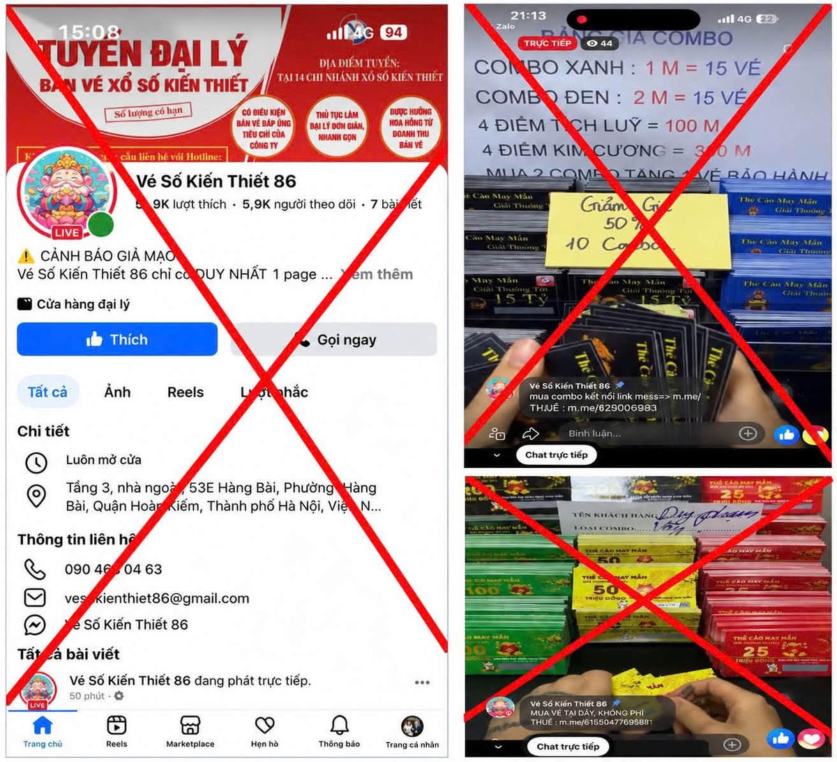 Trang Facebook và các hình ảnh do các đối tượng sử dụng để quảng bá, livestream, giới thiệu các "combo", "thẻ cào may mắn", tuyển đại lý... nhằm tạo lòng tin, lôi kéo người dân tham gia, qua đó thực hiện hành vi lừa đảo chiếm đoạt tài sản. Ảnh: Công an tỉnh Phú Thọ.