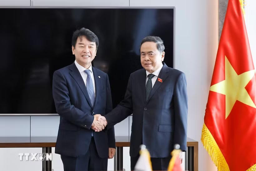Chủ tịch Quốc hội Trần Thanh Mẫn tiếp Chủ tịch Nhóm Nghị sỹ Hữu nghị Hàn Quốc-Việt Nam Moon Jin-seok. (Ảnh: Doãn Tấn/TTXVN)