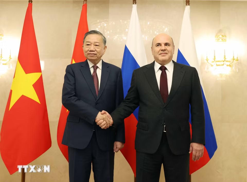 Tổng Bí thư, Chủ tịch nước Tô Lâm hội kiến Thủ tướng Nga Mikhail Mishustin. (Ảnh: Thống Nhất/TTXVN)