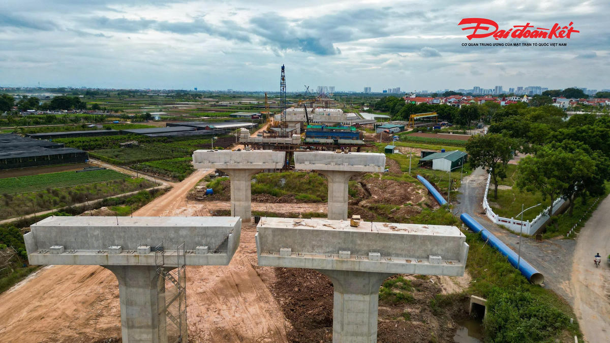 Các nhà thầu đang tiếp tục thi công bệ trụ và những hạng mục cầu dẫn, từng bước tạo nền móng cho phần kết cấu phía trên.