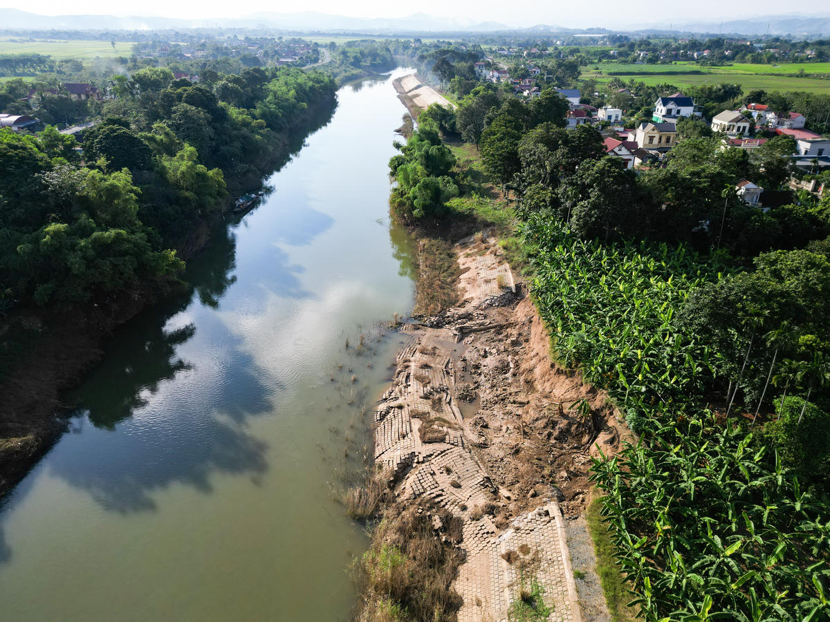 Vị trí vụ sạt lở kè nằm phía đê hữu sông Bưởi. Ảnh: Đình Minh