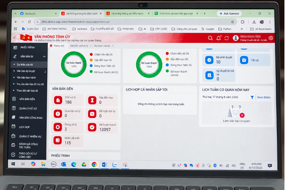 Giao diện Hệ thống Điều hành tác nghiệp trên tài khoản cán bộ tại Thái Nguyên