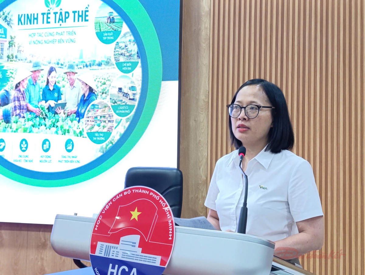 TS Phí Thị Diễm Hồng, Phó trưởng khoa Kế toán và Quản trị kinh doanh thuộc Học viện Nông nghiệp Việt Nam phát biểu tại hội thảo. Ảnh: T.Luân.