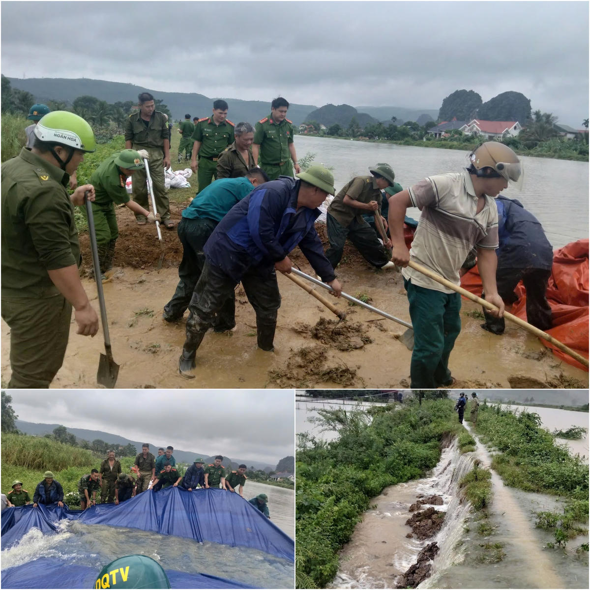 Trong sáng 17/9, lực lượng chức năng xã Tống Sơn đã tích cực gia cố bờ kênh, tuy nhiên, do có quá nhiều điểm xung yếu nên bờ kênh đã xảy ra sự cố. Ảnh: DVC Tống Sơn