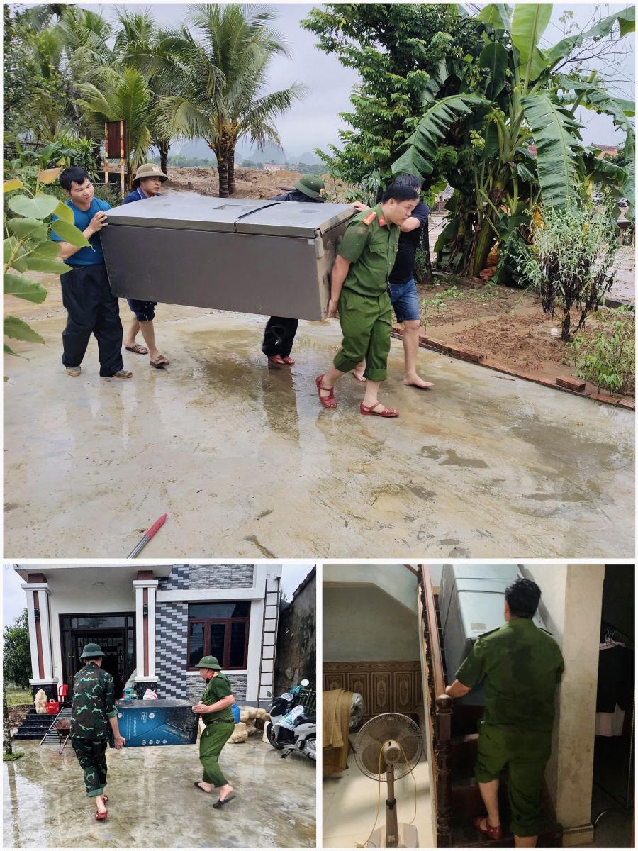 Công an xã Cẩm Tú di dời tài sản người dân đến nơi an toàn. Ảnh: CAX Cẩm Tú